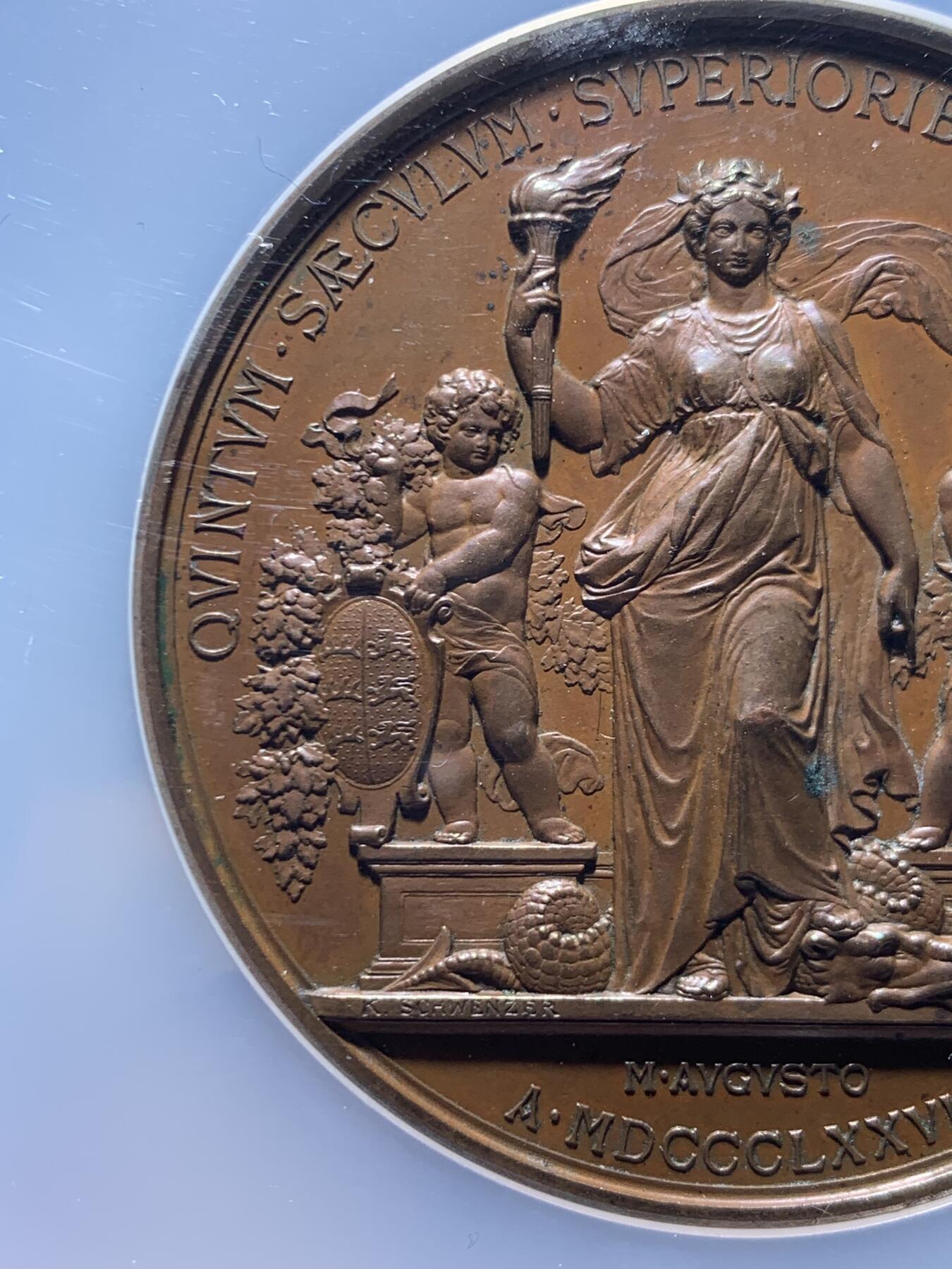 《竞宝斋》第470场 周日，周一，周二 3场连拍 （全场包邮）欢迎送拍 NGC MS62BN 德国 1877 符腾堡王国 图宾根大学建校400周年 大铜章 加厚加大盒