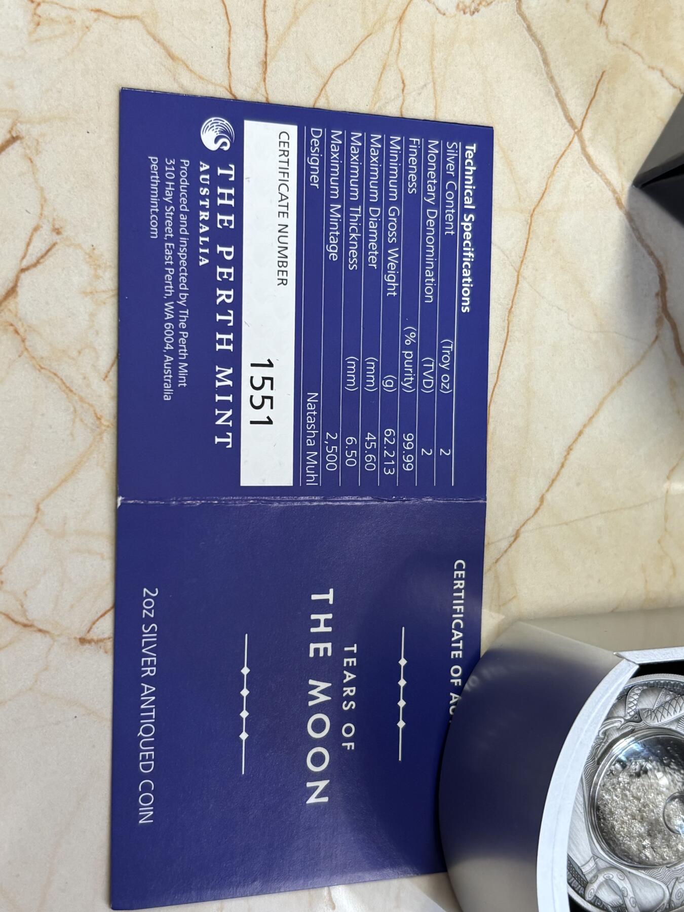 第194期拍卖 图瓦卢2021年月亮眼泪镶嵌银颗粒2盎司仿古银币，999银，2盎司，发行2500枚