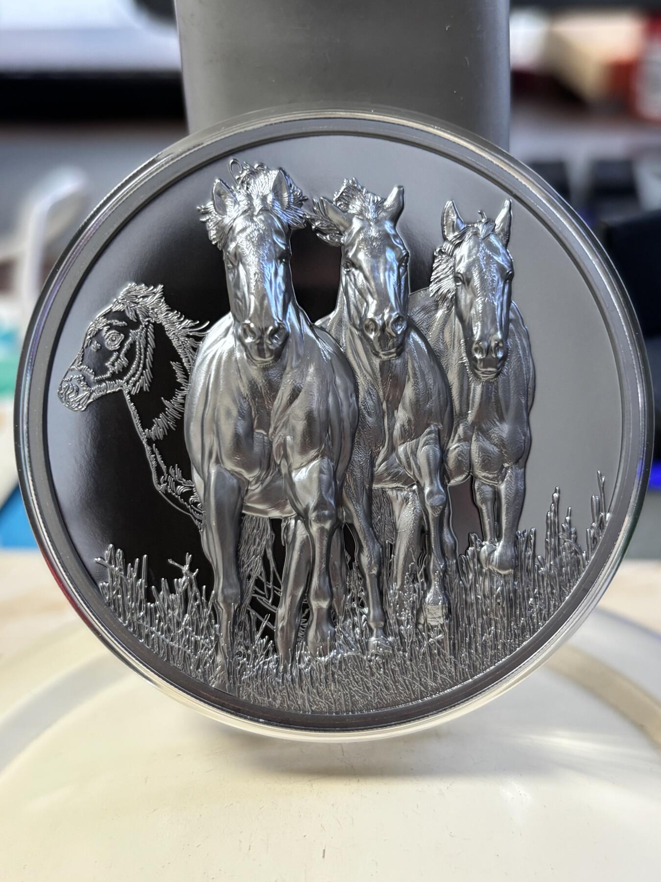 第194期拍卖 加纳2023年成长系列奔马5盎司单面钌化高浮雕银币，999银，发行149枚