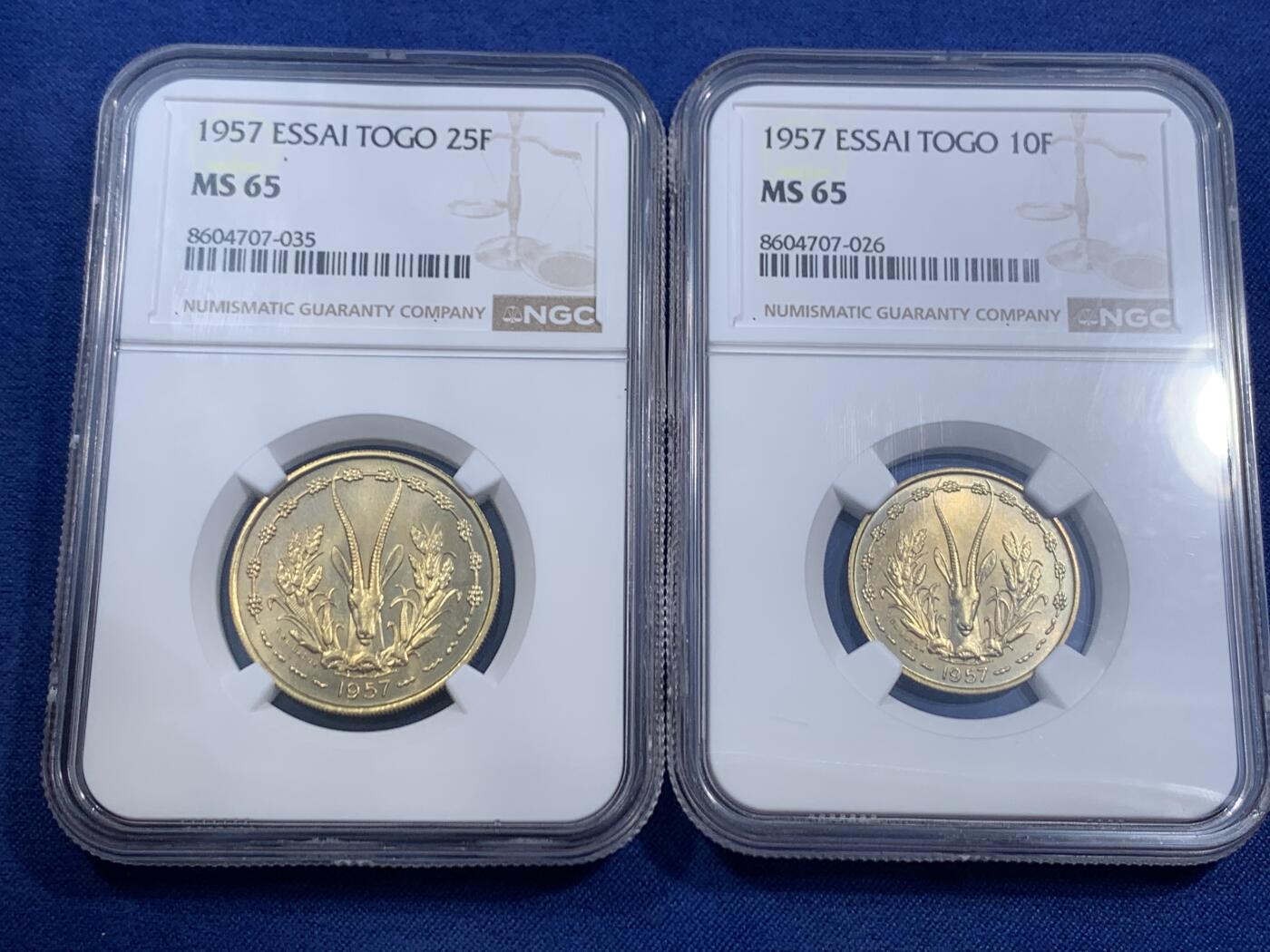 《竞宝斋》第470场 周日，周一，周二 3场连拍 （全场包邮）欢迎送拍 两枚一组 NGC MS65 多哥 1957年 10法郎+25法郎样币 单枚发行量 仅2300枚