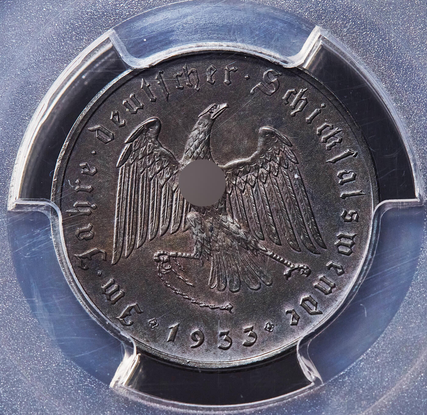 【俄甄集藏】2026年(049)03-18星期三 晚 19:30 全场包邮 德国第三帝国1933年总理执政纪念锁链鹰小版银章，PCGS SP63，原味酱彩老包浆，稀有22mm直径小版，冠军分数，原图联系客服或官网查询