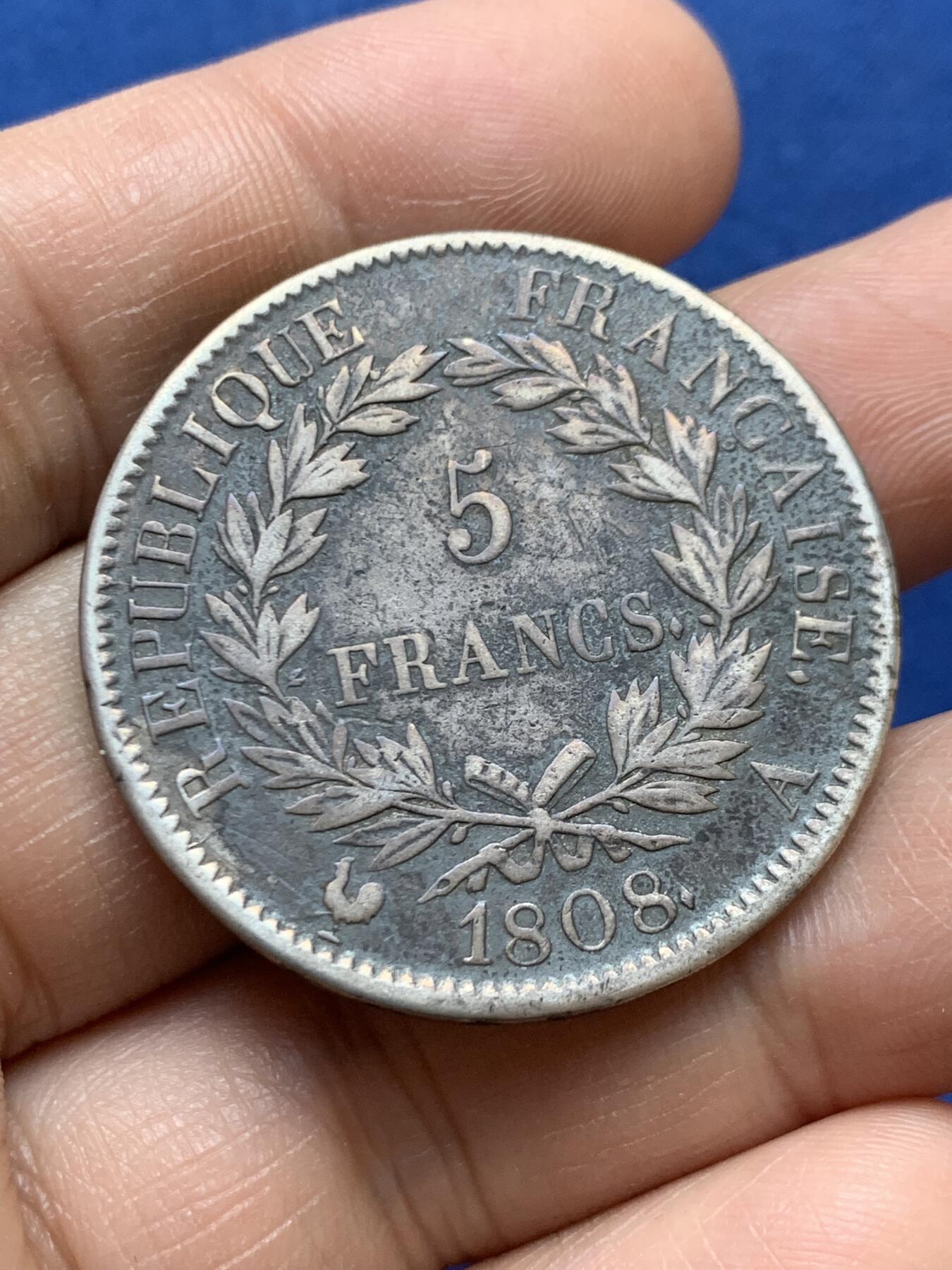 《竞宝斋》第470场 周日，周一，周二 3场连拍 （全场包邮）欢迎送拍 法国1808拿破仑一世5法郎银币 A厂标 给了表面改变 细节见图