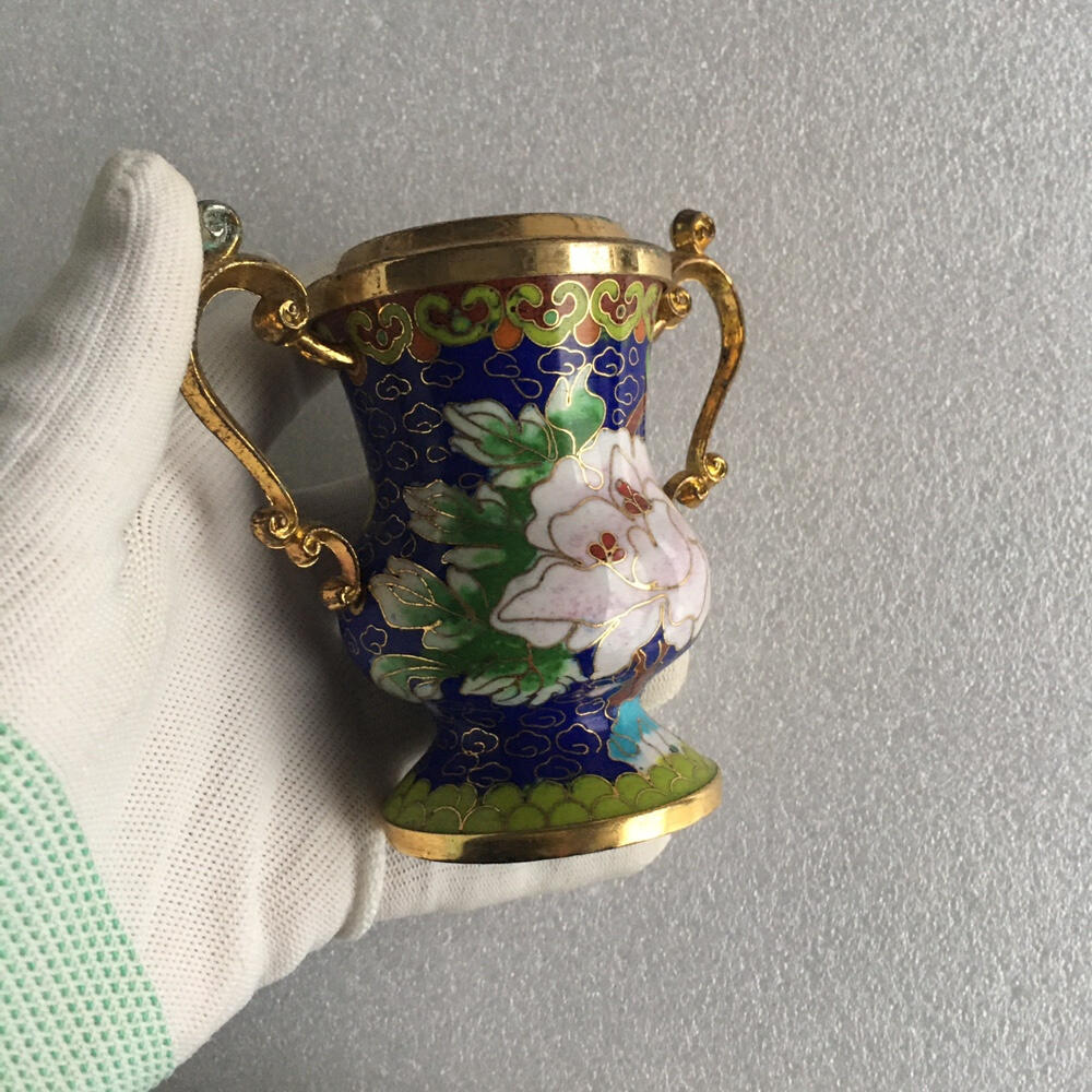        01c出口创汇时期景泰蓝铜胎掐丝珐琅双耳牡丹花瓶1个真品如图库存旧藏文玩艺术收藏