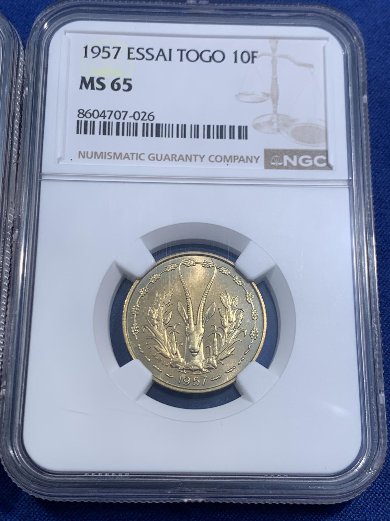 《竞宝斋》第470场 周日，周一，周二 3场连拍 （全场包邮）欢迎送拍 两枚一组 NGC MS65 多哥 1957年 10法郎+25法郎样币 单枚发行量 仅2300枚