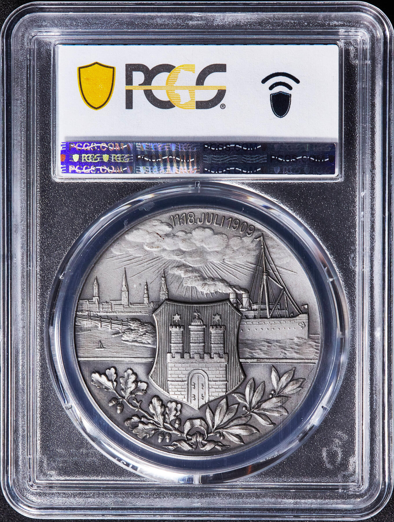 【俄甄集藏】2026年(049)03-18星期三 晚 19:30 全场包邮 德国1909年汉萨女神站像与港口风光纪念汉堡第16届联邦射击节大银章，PCGS MS64，磨砂底板，设计精美