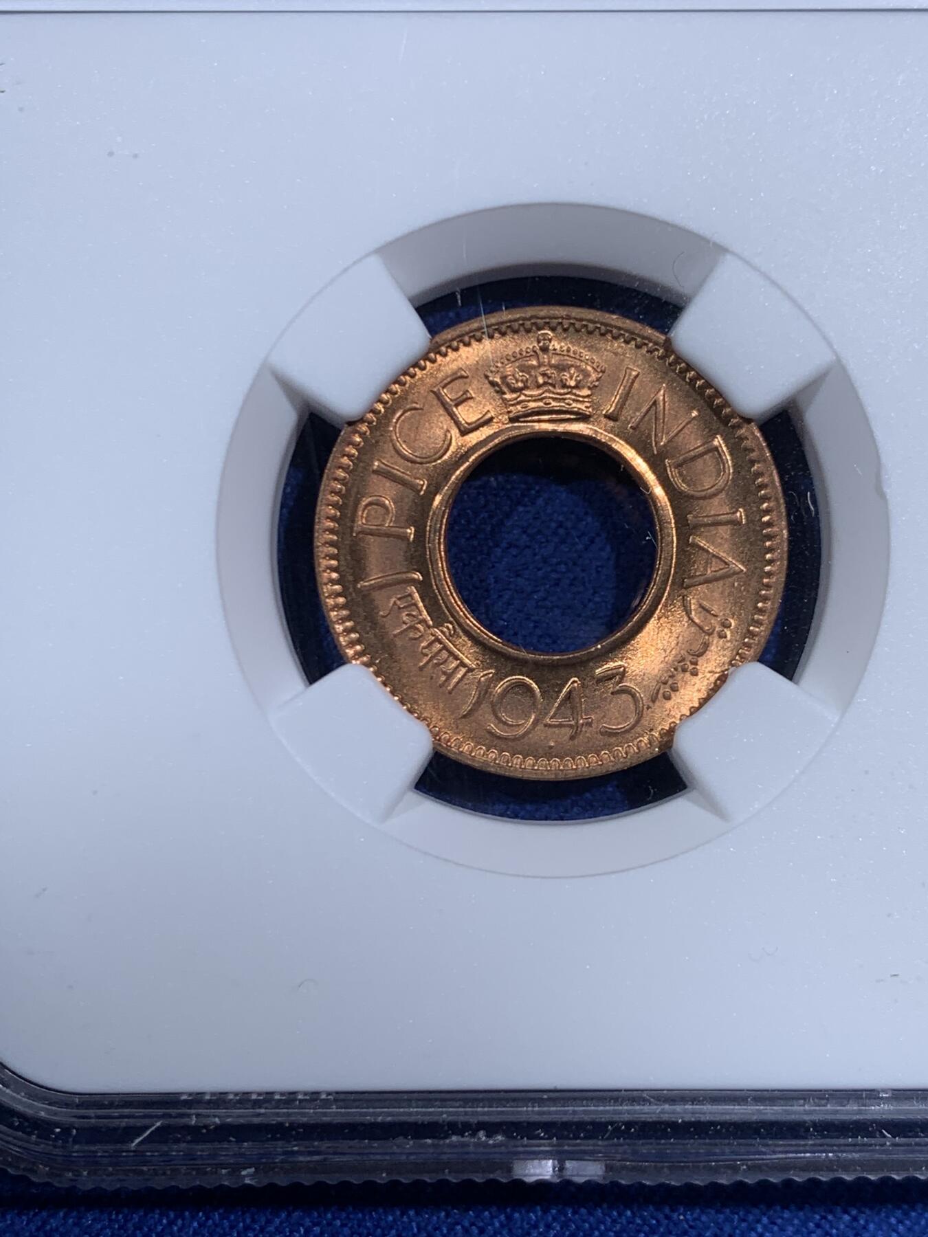 《竞宝斋》第470场 周日，周一，周二 3场连拍 （全场包邮）欢迎送拍 NGC MS66RD 英属印度 1943年 1PICE 中孔铜币 亚军分