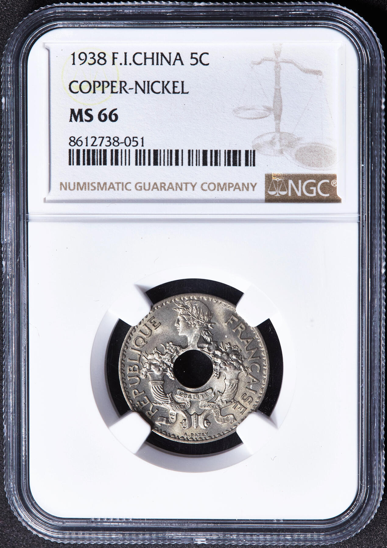 【俄甄集藏】2026年(049)03-18星期三 晚 19:30 全场包邮 法属印度支那1938年中孔5分镍币，NGC MS66，卷拆黄油彩，十字转光，顶级状态