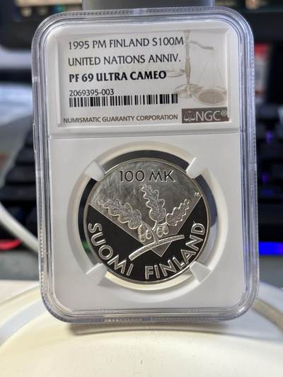第193期拍卖 - 1995 年芬兰联合国周年纪念银币（100 马克），NGC 评级 PF 69 ULTRA CAMEO，克劳斯获奖币，925银，24克，发行40000枚