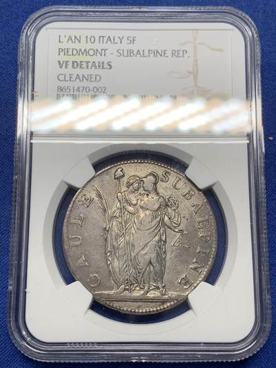 《竞宝斋》第470场 周日，周一，周二 3场连拍 （全场包邮）欢迎送拍 - NGC VFD 意大利 皮埃蒙特共和国 共和10年（1802年）5法郎 银币 拿破仑在意大利建立的附庸国 只发行了两年 细节不错 传世包浆 转光漂亮 拿系币经典品种