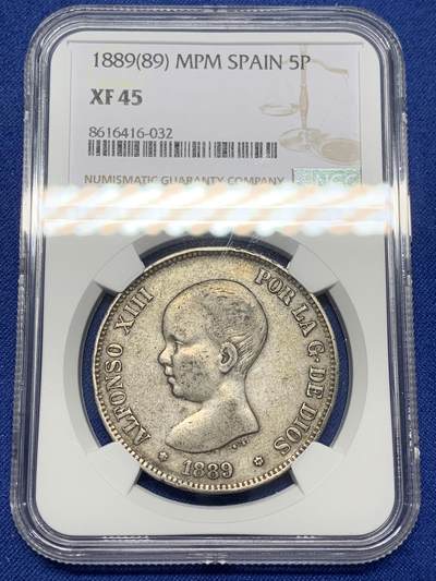 《竞宝斋》第470场 周日，周一，周二 3场连拍 （全场包邮）欢迎送拍 - NGC XF45 西班牙1889年阿方索十三世婴儿头5比塞塔银币，原味老包浆。