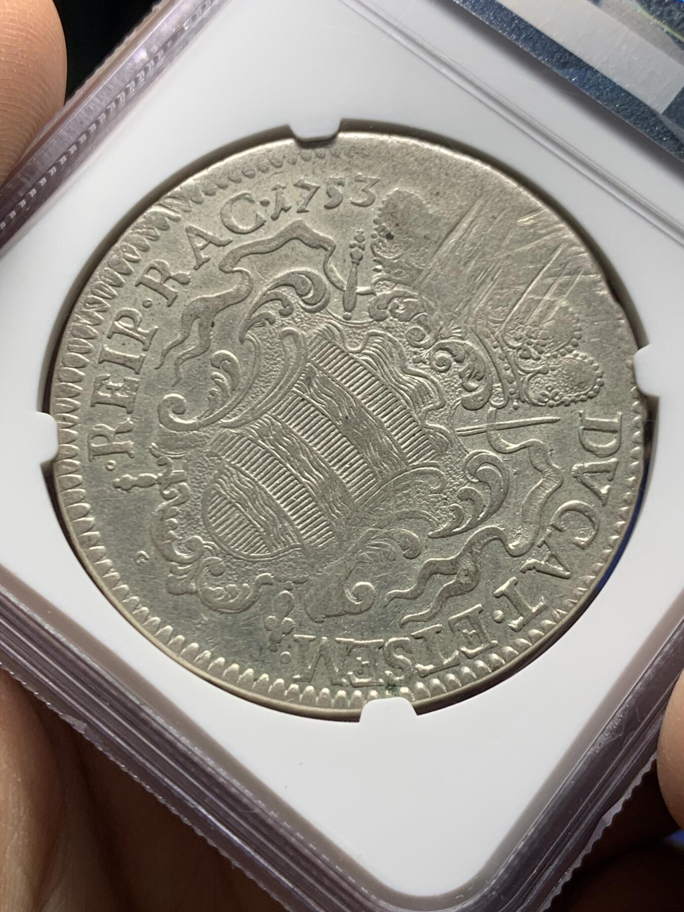 《竞宝斋》第470场 周日，周一，周二 3场连拍 （全场包邮）欢迎送拍 NGC AU53 拉古萨共和国 1753年 1泰勒银币 不常见的品种