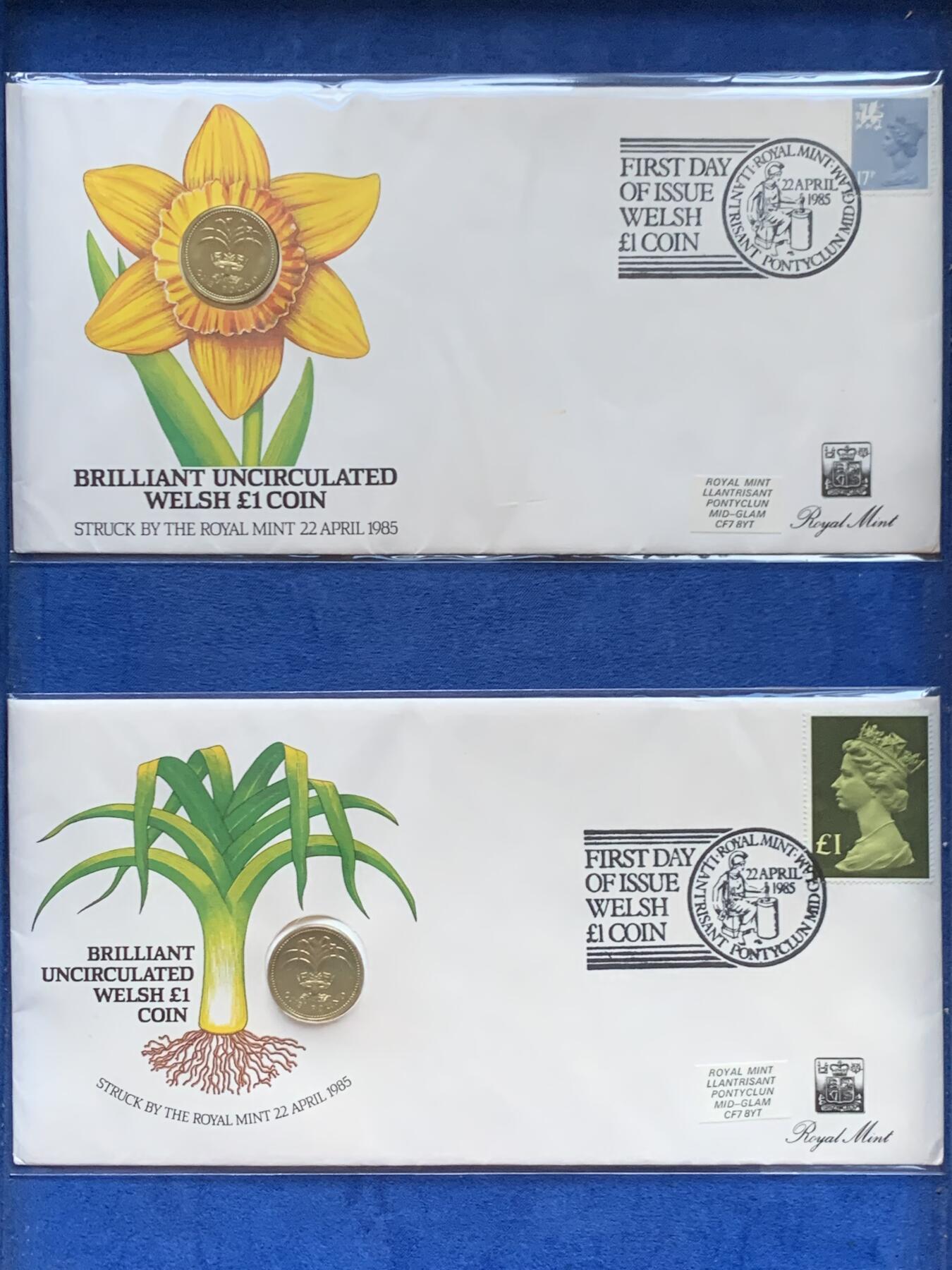 《竞宝斋》第470场 周日，周一，周二 3场连拍 （全场包邮）欢迎送拍 两枚一组 1985年英国老1英镑首日封/邮币封（Royal Mint和Royal Mail联合发行）