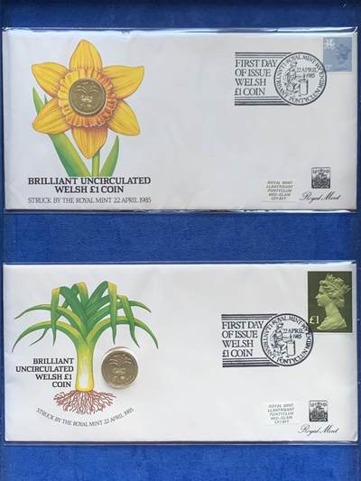 《竞宝斋》第470场 周日，周一，周二 3场连拍 （全场包邮）欢迎送拍 - 两枚一组 1985年英国老1英镑首日封/邮币封（Royal Mint和Royal Mail联合发行）