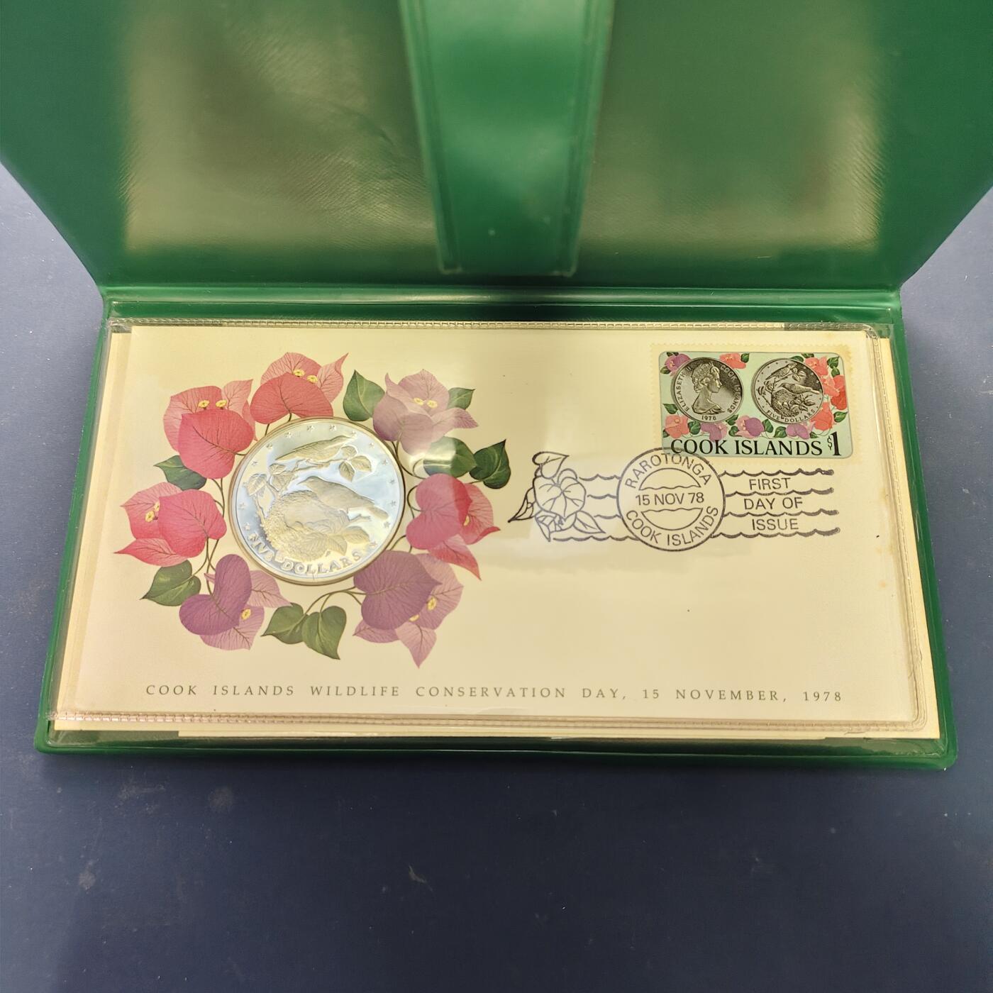 【全场包邮】纯粹捡漏拍513场 【邮币封】库克群岛1978年5元塔希提苇莺精制纪念银币邮币封【42毫米27.3克50%】-盒证全