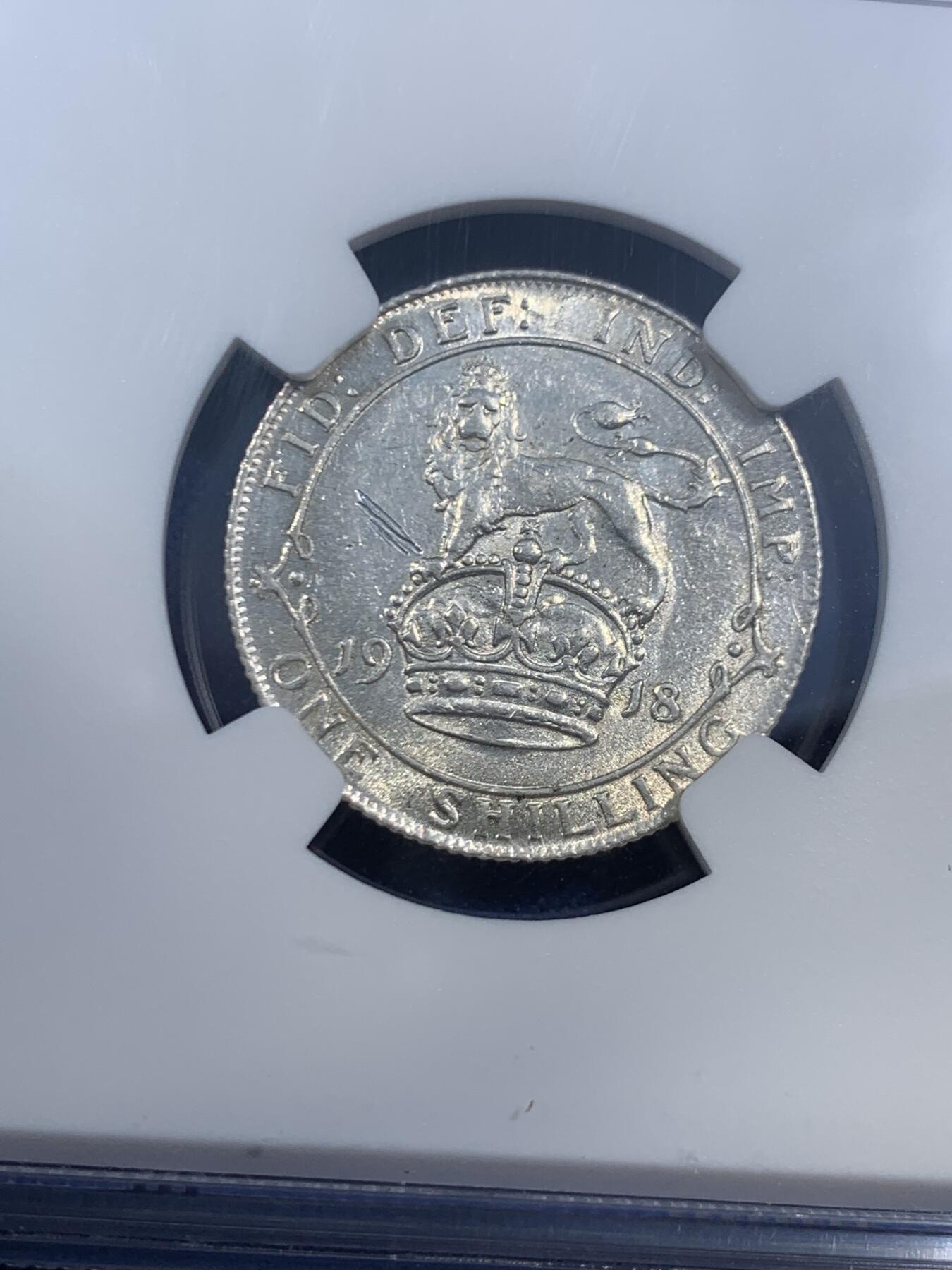 《竞宝斋》第470场 周日，周一，周二 3场连拍 （全场包邮）欢迎送拍 NGC UNCD 英国1918年 乔治五世1先令 早期高银版 带光好品 细节见图