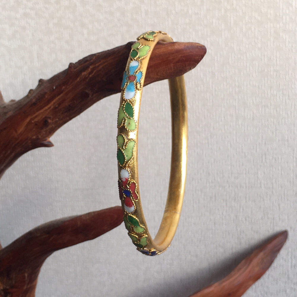     出口创汇时期景泰蓝铜胎掐丝珐琅镀金色花丝观赏手镯1只原版真品如图库存旧藏文玩艺术收藏