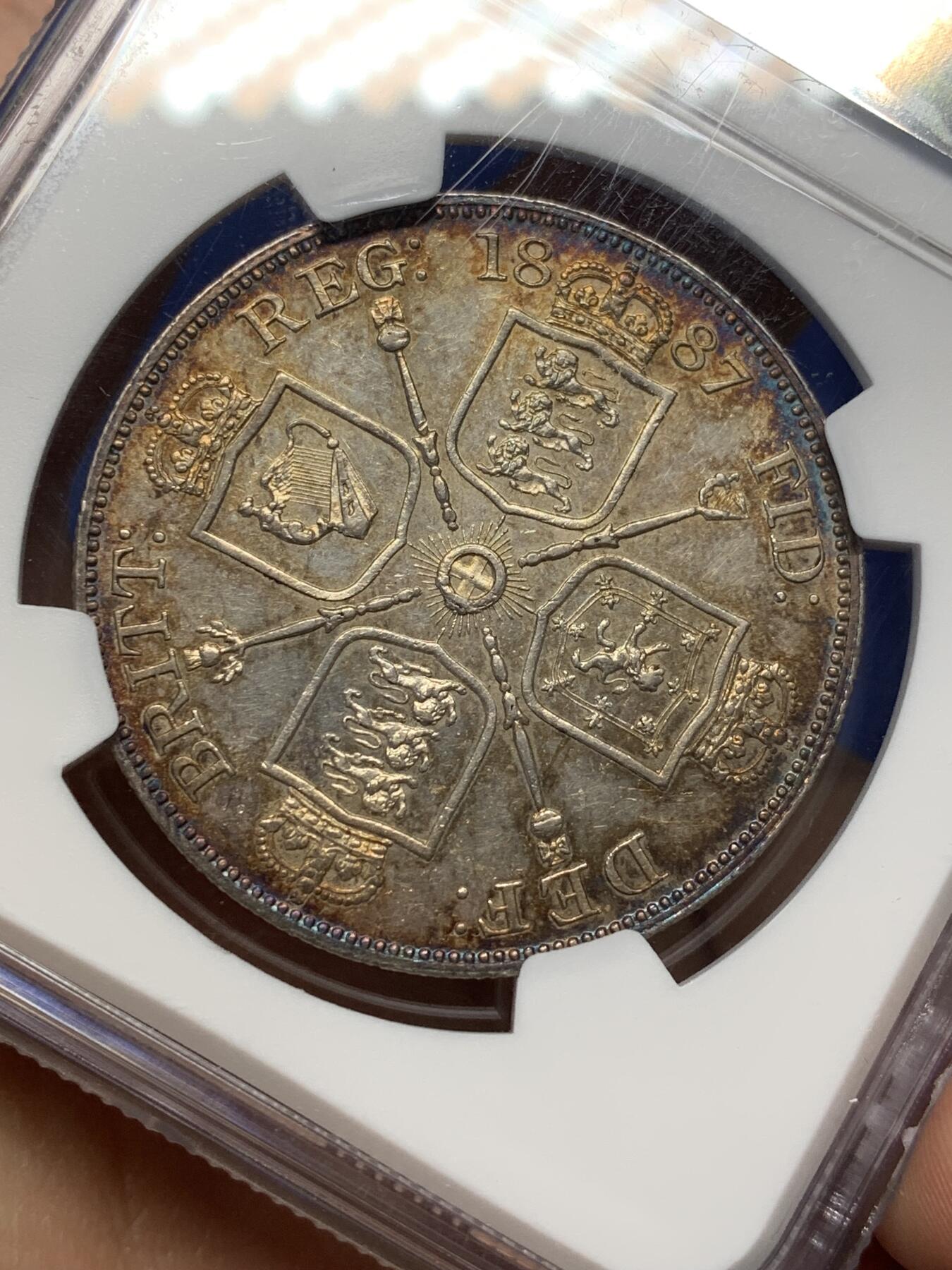 《竞宝斋》第470场 周日，周一，周二 3场连拍 （全场包邮）欢迎送拍 NGC UNCD 英国1887年维多利亚女王双佛罗林银币，酱彩包浆有镜面感