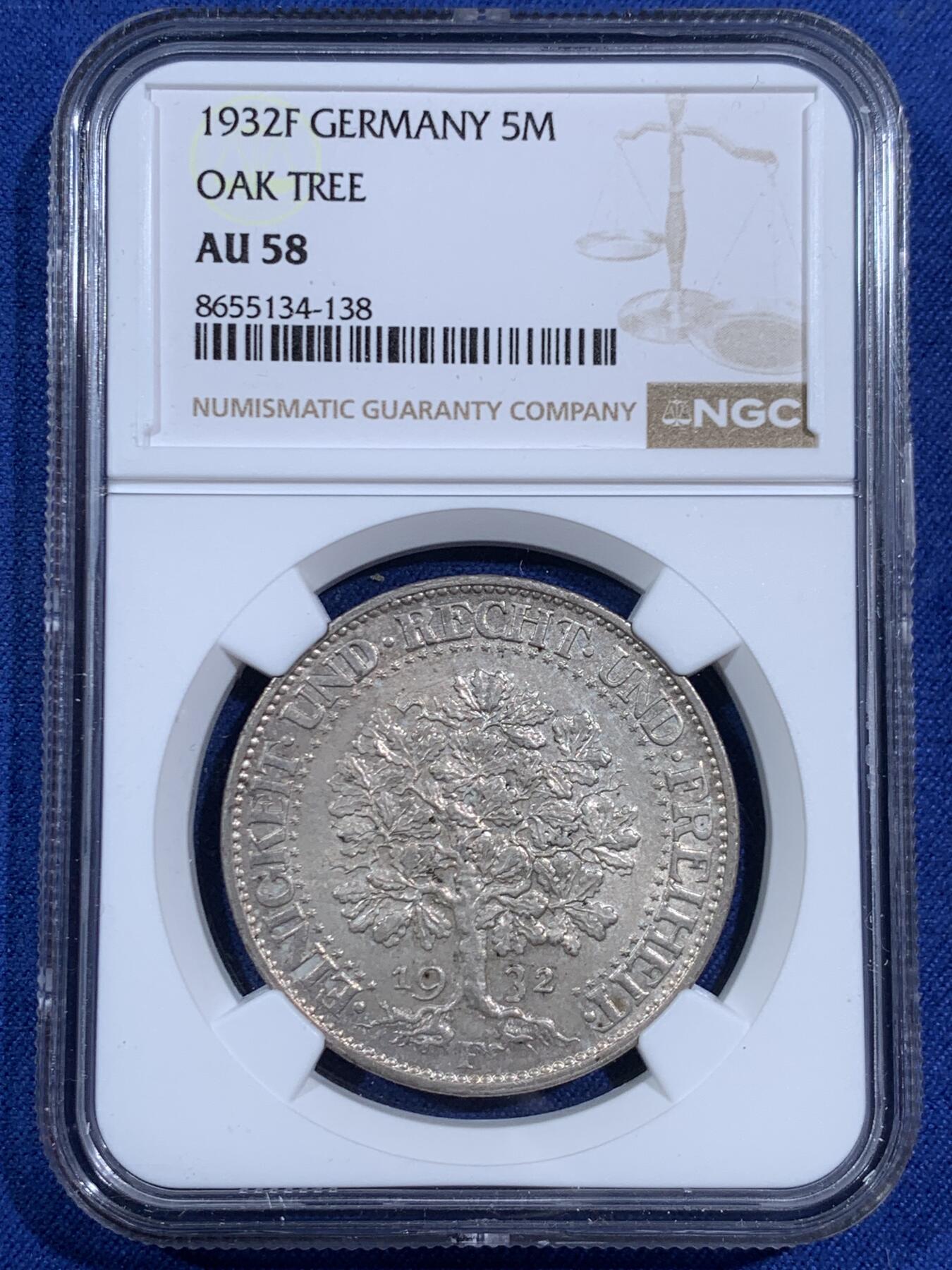 《竞宝斋》第470场 周日，周一，周二 3场连拍 （全场包邮）欢迎送拍 NGC AU58 德国1932年F版橡树5马克银币