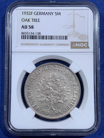 《竞宝斋》第470场 周日，周一，周二 3场连拍 （全场包邮）欢迎送拍 - NGC AU58 德国1932年F版橡树5马克银币