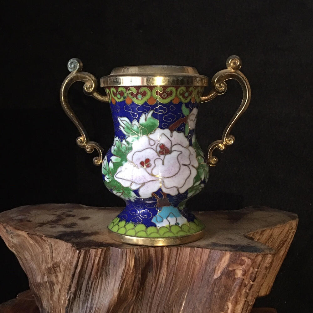        01c出口创汇时期景泰蓝铜胎掐丝珐琅双耳牡丹花瓶1个真品如图库存旧藏文玩艺术收藏