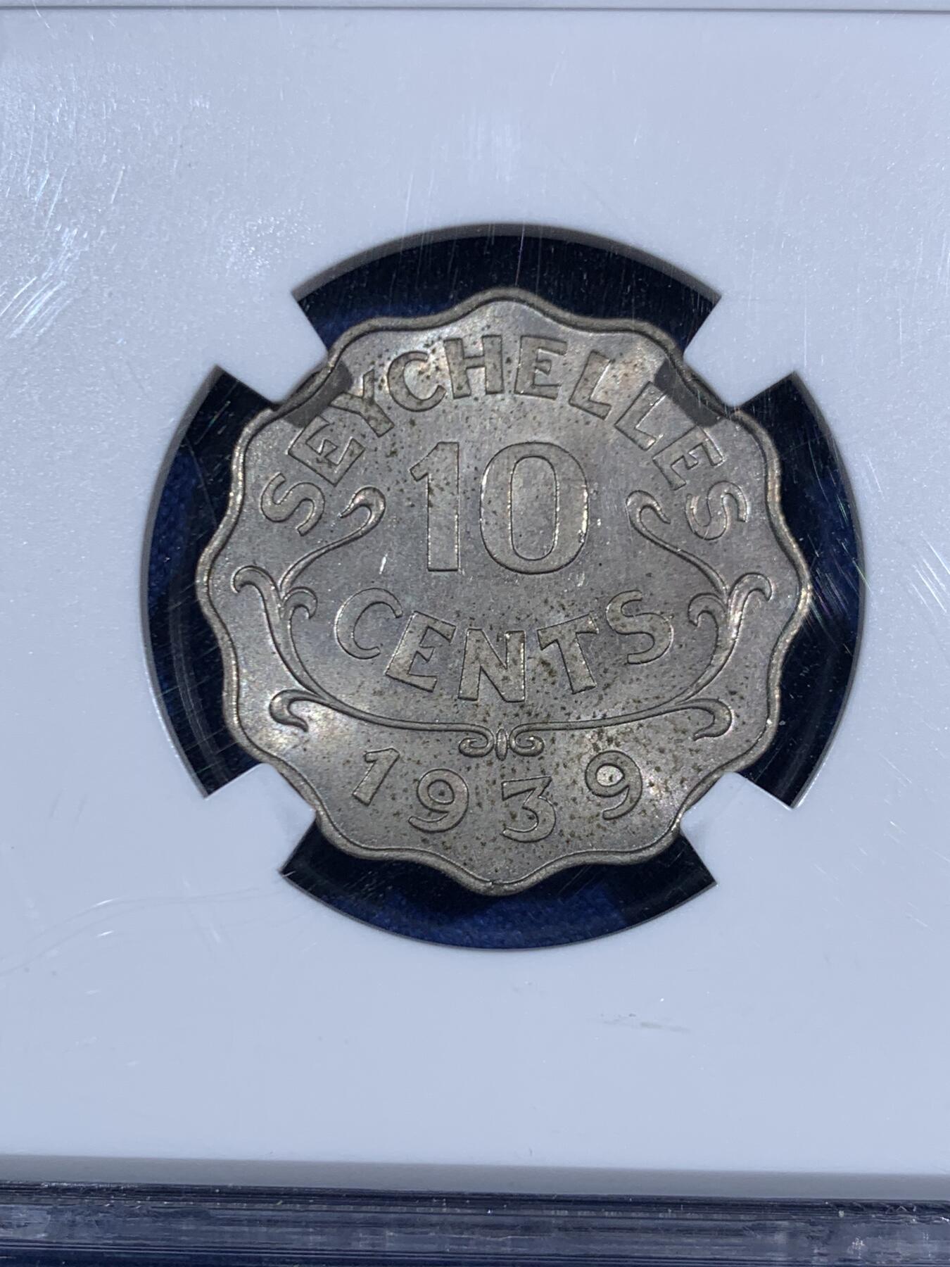 《竞宝斋》第470场 周日，周一，周二 3场连拍 （全场包邮）欢迎送拍 NGC MS62 英属塞舌尔1939年10分辅币