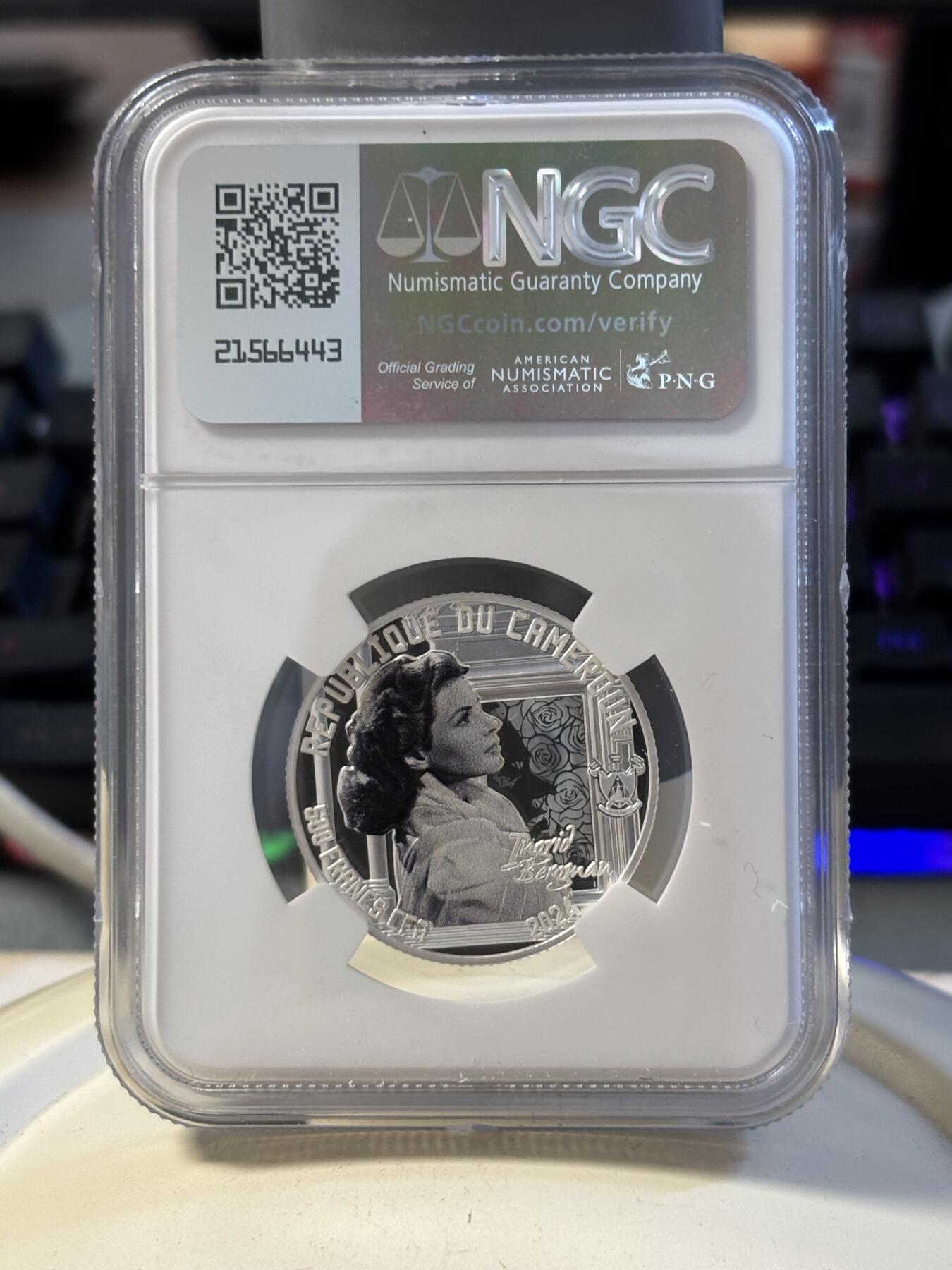 第194期拍卖 喀麦隆2024年电影明星英格丽褒曼彩银币NGC-PF70首，999银，8克，发行300枚