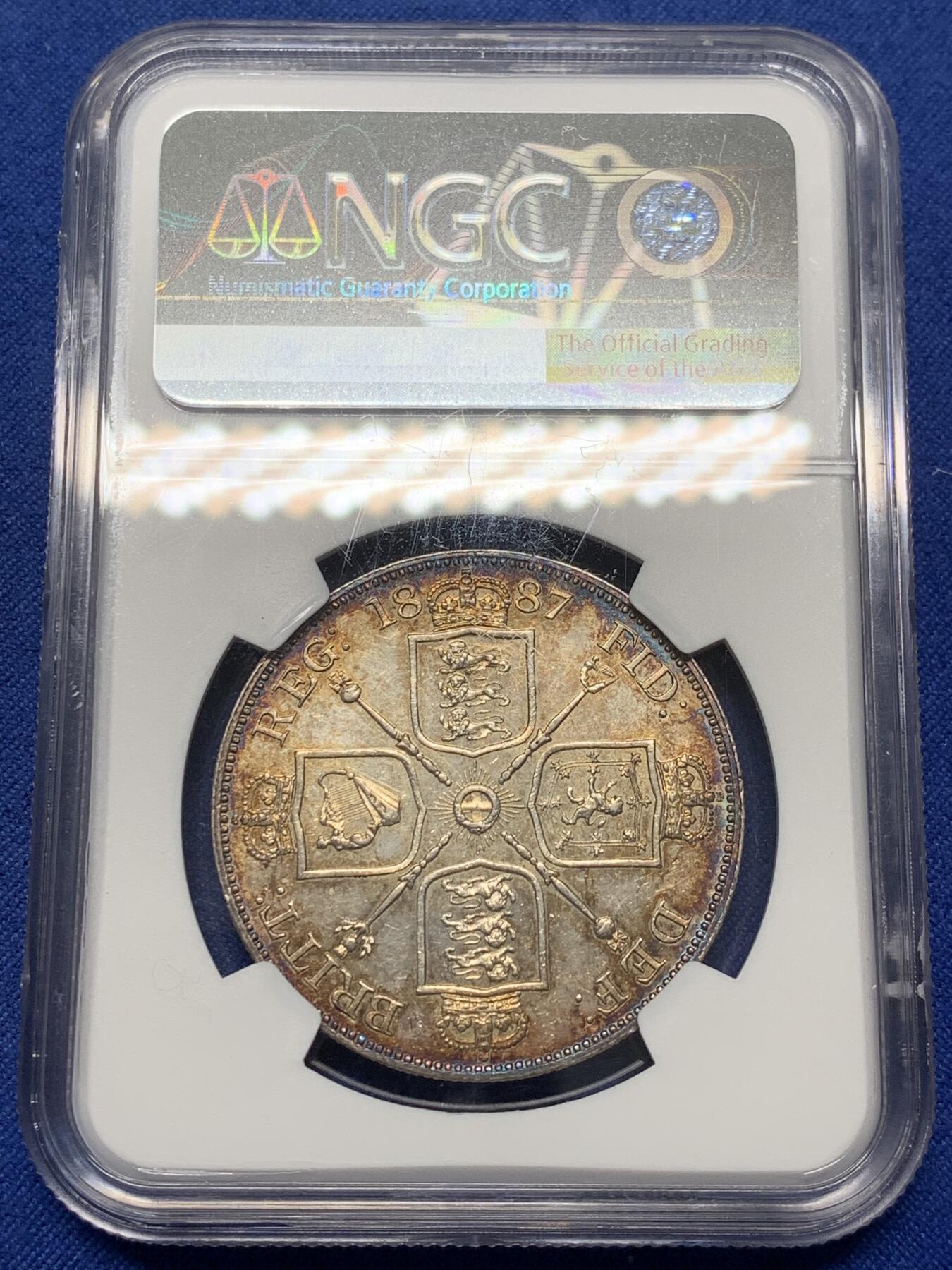 《竞宝斋》第470场 周日，周一，周二 3场连拍 （全场包邮）欢迎送拍 NGC UNCD 英国1887年维多利亚女王双佛罗林银币，酱彩包浆有镜面感