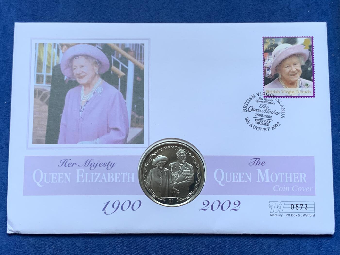 《竞宝斋》第470场 周日，周一，周二 3场连拍 （全场包邮）欢迎送拍 英属维京群岛2002年女王母亲逝世1元纪念币，邮币首日封编号0573