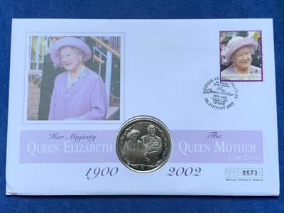 《竞宝斋》第470场 周日，周一，周二 3场连拍 （全场包邮）欢迎送拍 - 英属维京群岛2002年女王母亲逝世1元纪念币，邮币首日封编号0573