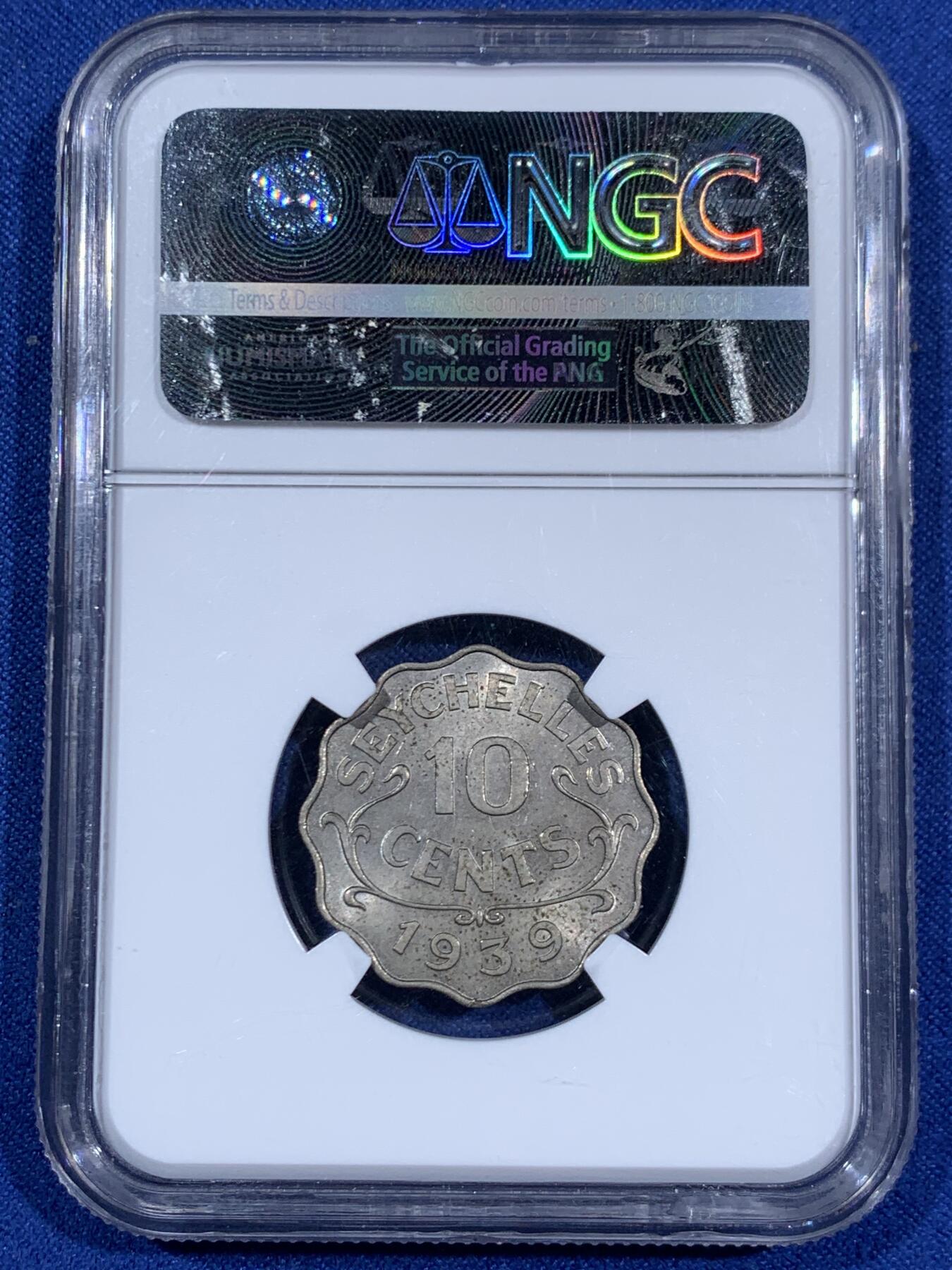 《竞宝斋》第470场 周日，周一，周二 3场连拍 （全场包邮）欢迎送拍 NGC MS62 英属塞舌尔1939年10分辅币