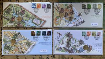 《竞宝斋》第470场 周日，周一，周二 3场连拍 （全场包邮）欢迎送拍 - 四枚一组 2004-2007年英国1英镑邮币封首日封 桥系列