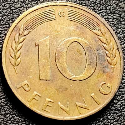 泉币菌-第210场-拍品多 请提前出价 - 联邦德国1950年 10芬尼硬币 橡树麦穗  银行版 21.5mm