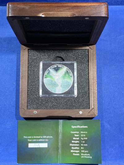 《竞宝斋》第470场 周日，周一，周二 3场连拍 （全场包邮）欢迎送拍 - 墨西哥2016年无面值铑化彩色普制银币 冷冻极光-墨西哥自由女神 1盎司999 发行量5百 盒证全