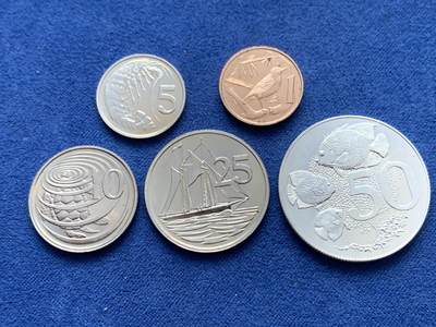 《竞宝斋》第470场 周日，周一，周二 3场连拍 （全场包邮）欢迎送拍 - 五枚一组 开曼群岛1972年伊丽莎白二世1分、5分、10分、25分、50分 其中50分为银币（925银 10.6克）