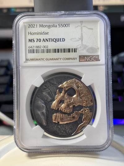 第194期拍卖 - 蒙古2021年生命进化人类头骨1盎司镀金银币NGC-MS70,999银镀玫瑰金,1盎司,38.61毫米,999枚
