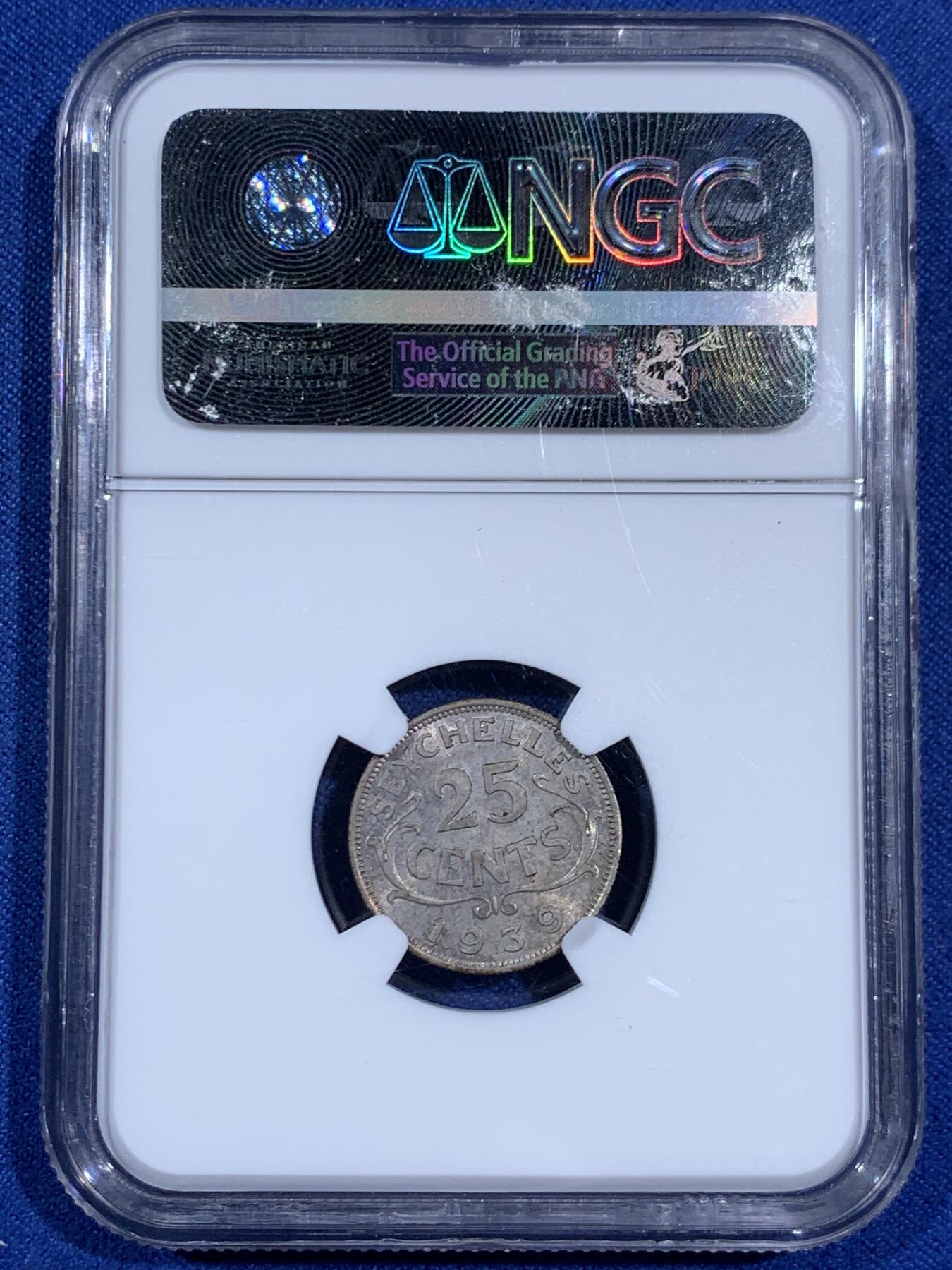 《竞宝斋》第470场 周日，周一，周二 3场连拍 （全场包邮）欢迎送拍 NGC MS62 英属塞舌尔1939年25分银币