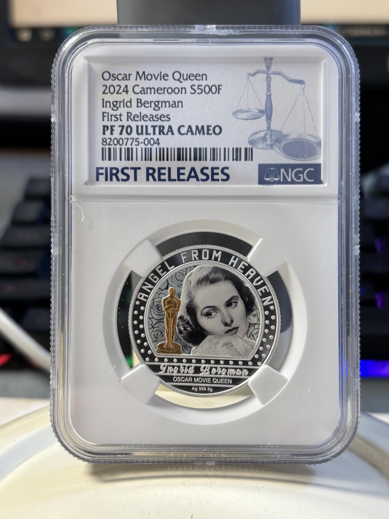 第194期拍卖 喀麦隆2024年电影明星英格丽褒曼彩银币NGC-PF70首，999银，8克，发行300枚