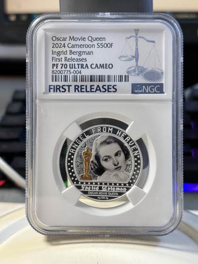 第194期拍卖 - 喀麦隆2024年电影明星英格丽褒曼彩银币NGC-PF70首，999银，8克，发行300枚