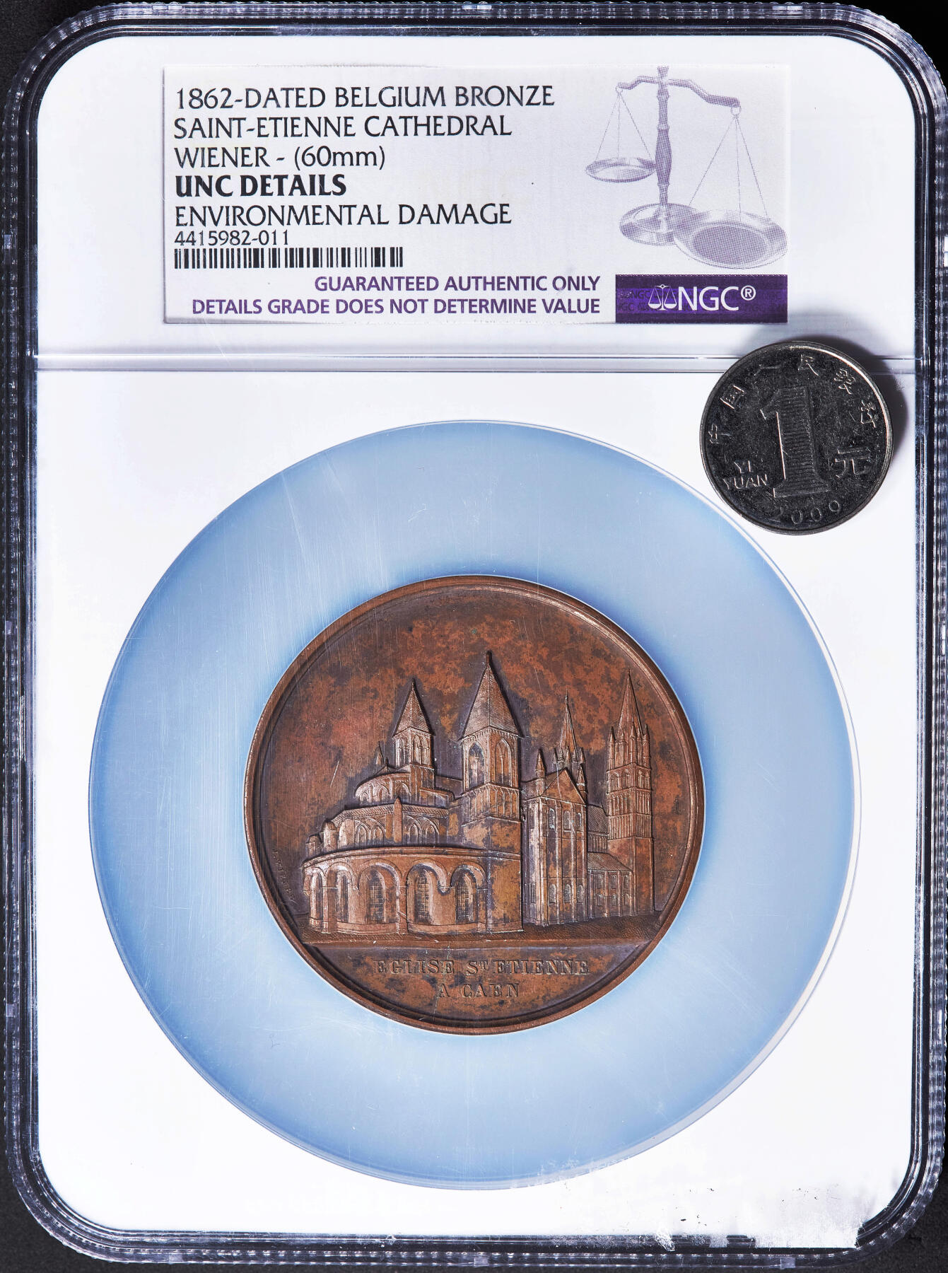 【俄甄集藏】2026年(049)03-18星期三 晚 19:30 全场包邮 比利时1862年章牌艺术大师雅克布·维纳教堂系列-法国圣艾蒂安教堂大铜章，NGC UNCD，直径60mm，巧克力包浆，名誉品种，设计经典
