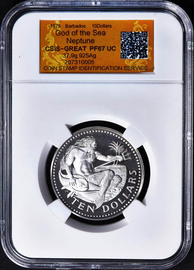 【俄甄集藏】2026年(049)03-18星期三 晚 19:30 全场包邮 - 巴巴多斯1973年P版海神10元直径大银币，信泰 PF67UC，重37.9克，925银，富兰克林造币厂出品