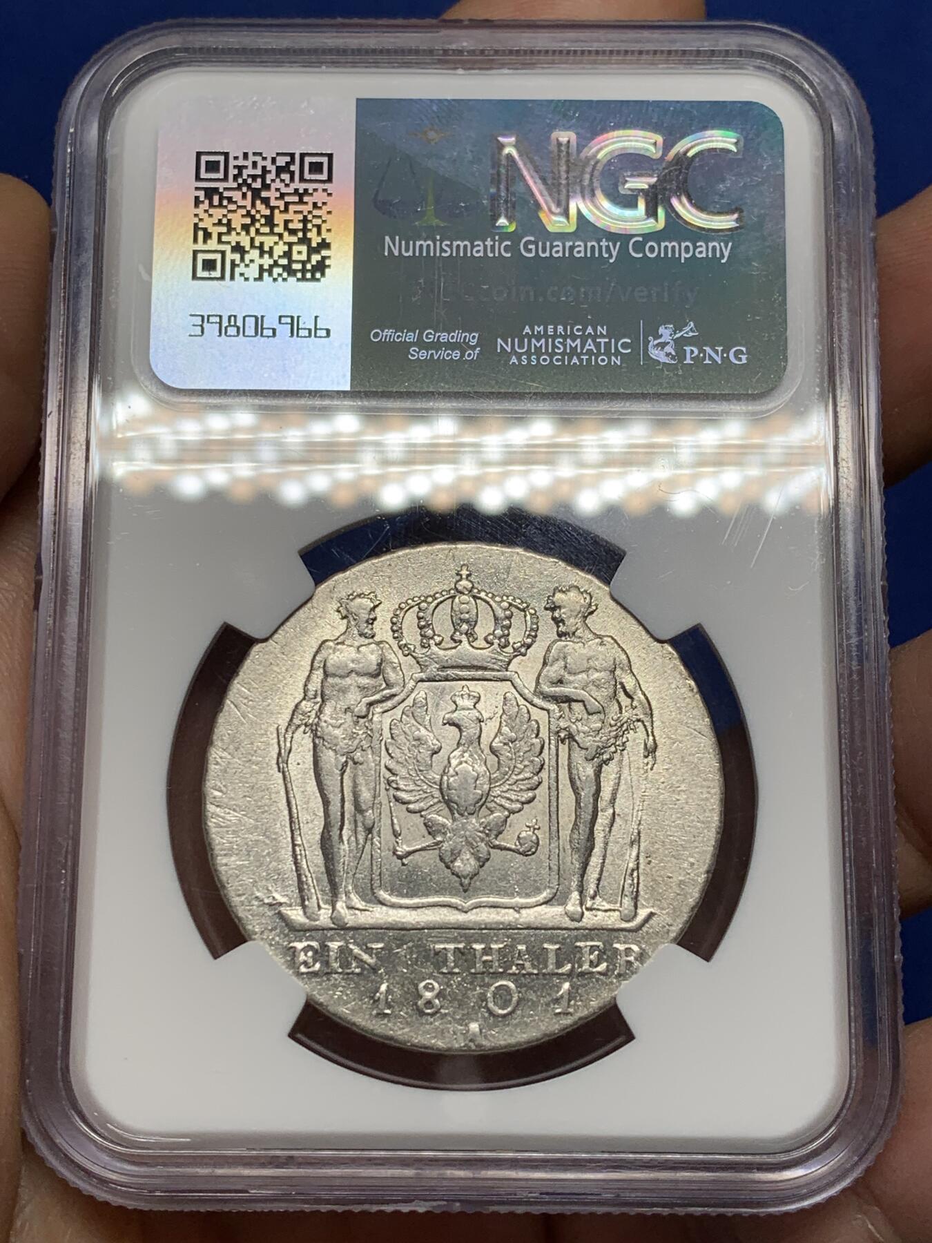 《竞宝斋》第471场 周日，周一，周二 3场连拍 （全场包邮）欢迎送拍 NGC AU55 普鲁士王国 1801A 腓特烈·威廉三世 1泰勒银币 野人扶盾