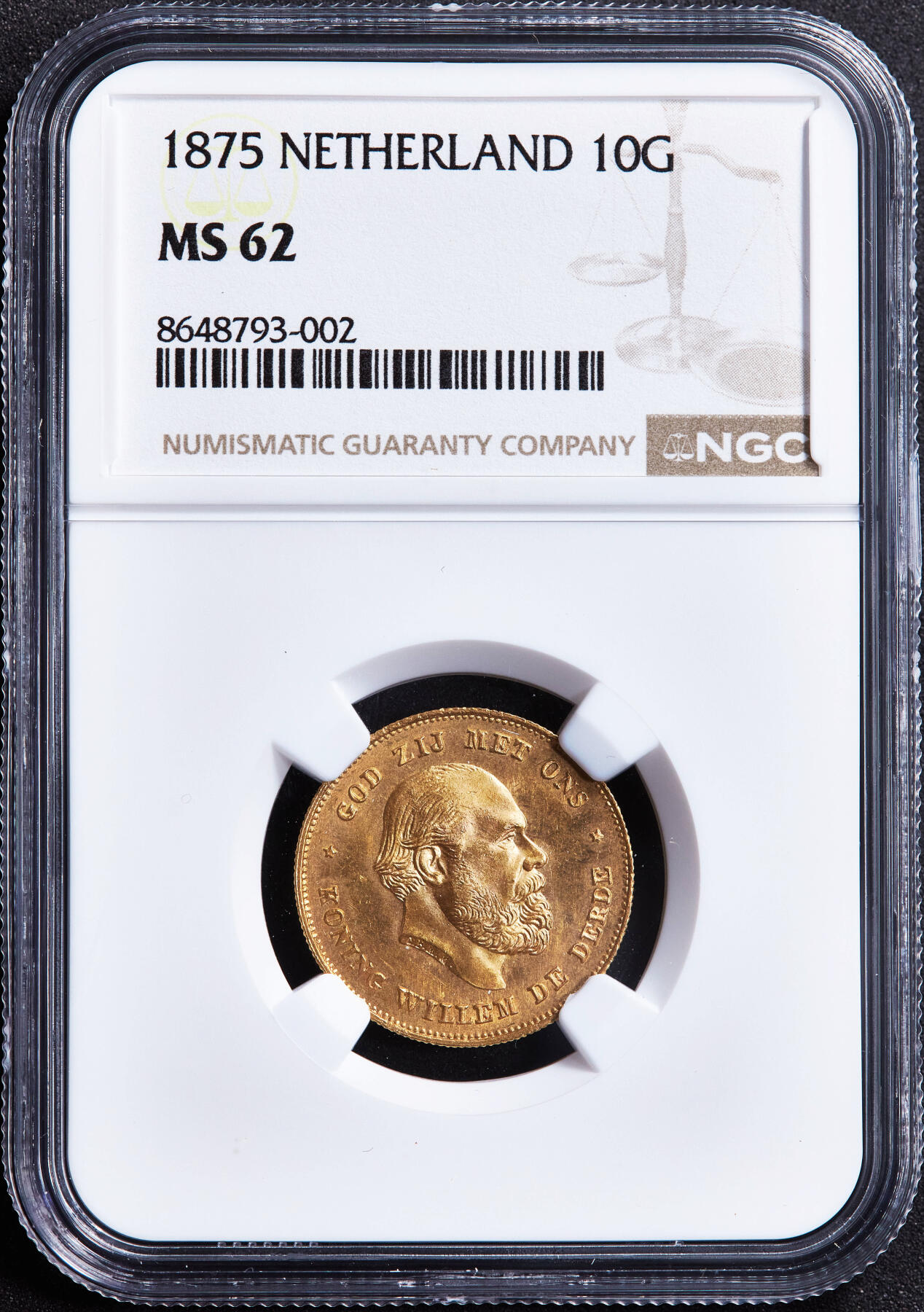 【俄甄集藏】2026年(049)03-18星期三 晚 19:30 全场包邮 荷兰1875年威廉三世10盾金币，NGC MS62，重6.729克，900金，原光品相