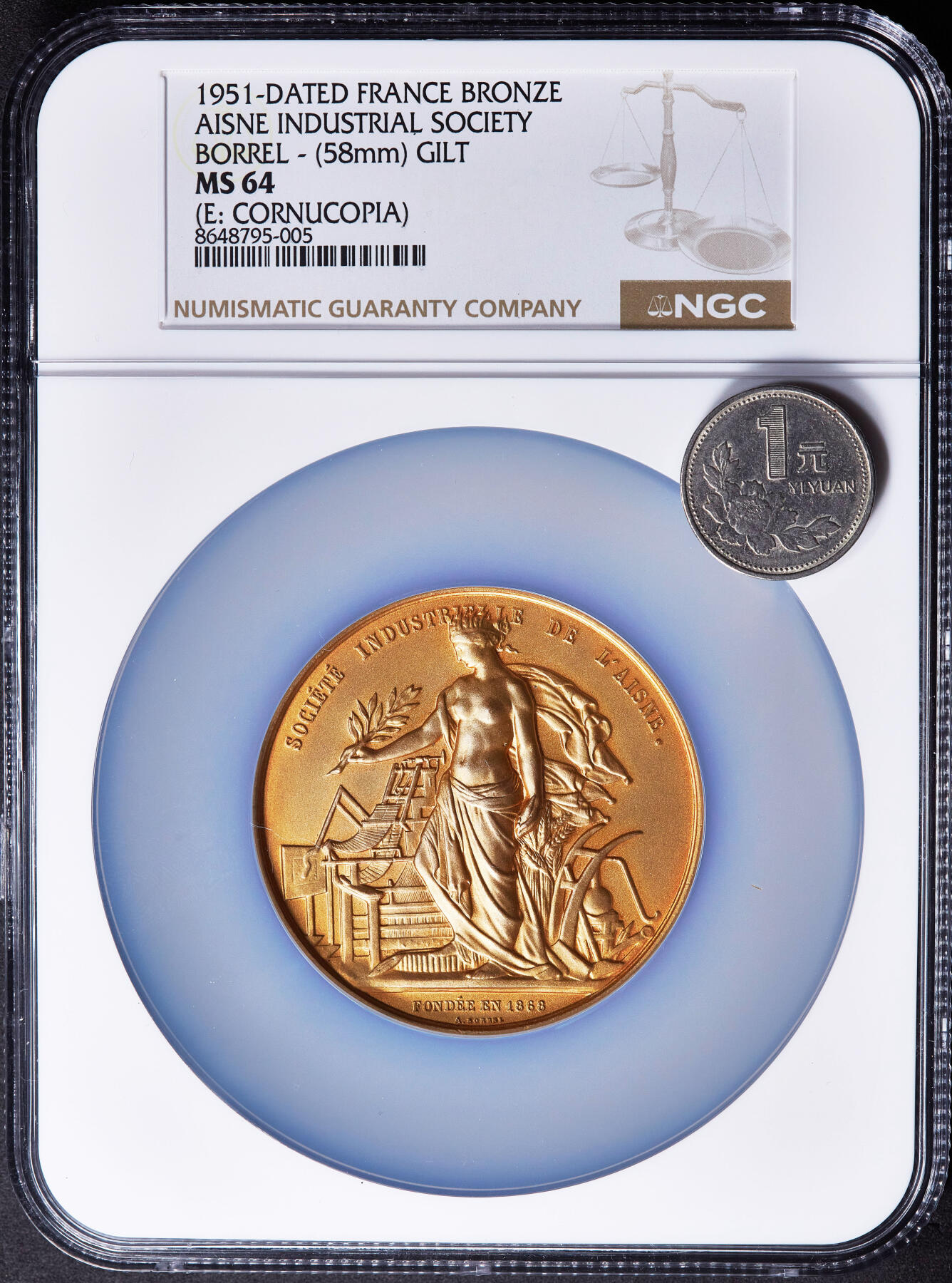 【俄甄集藏】2026年(049)03-18星期三 晚 19:30 全场包邮 法国1951年工业女神站像埃纳省工业协会镀金大铜章，NGC MS63，直径58mm，丰饶角铭，授予E·雷德表彰在大卫&梅格雷特公司铸造行业25年服务的贡献，雕刻师博雷尔作品，金属足