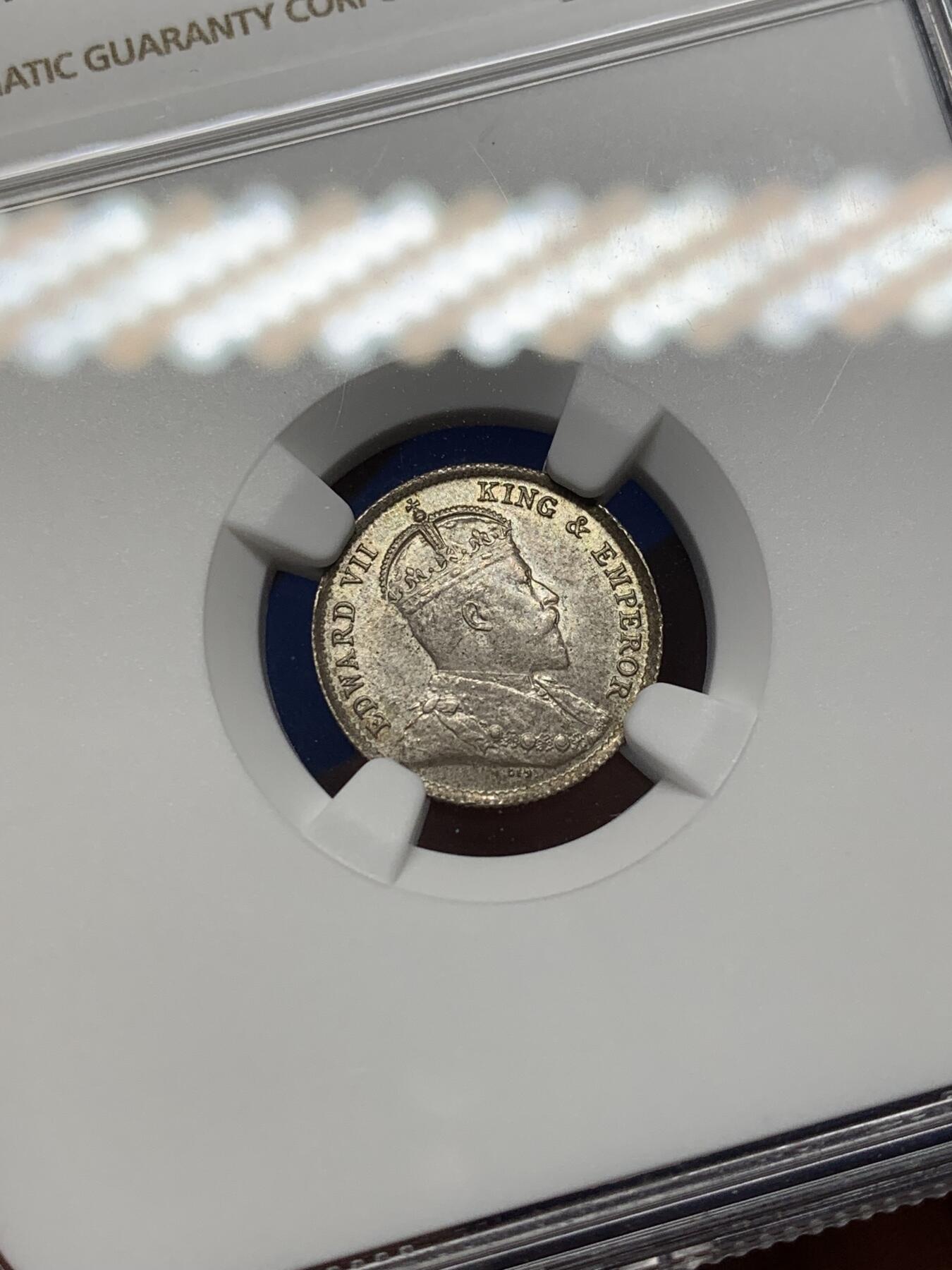 《竞宝斋》第471场 周日，周一，周二 3场连拍 （全场包邮）欢迎送拍 NGC MS64 香港 1904年 爱德华 五仙 银币 人像清晰 凹凸可见 自然包浆 原光