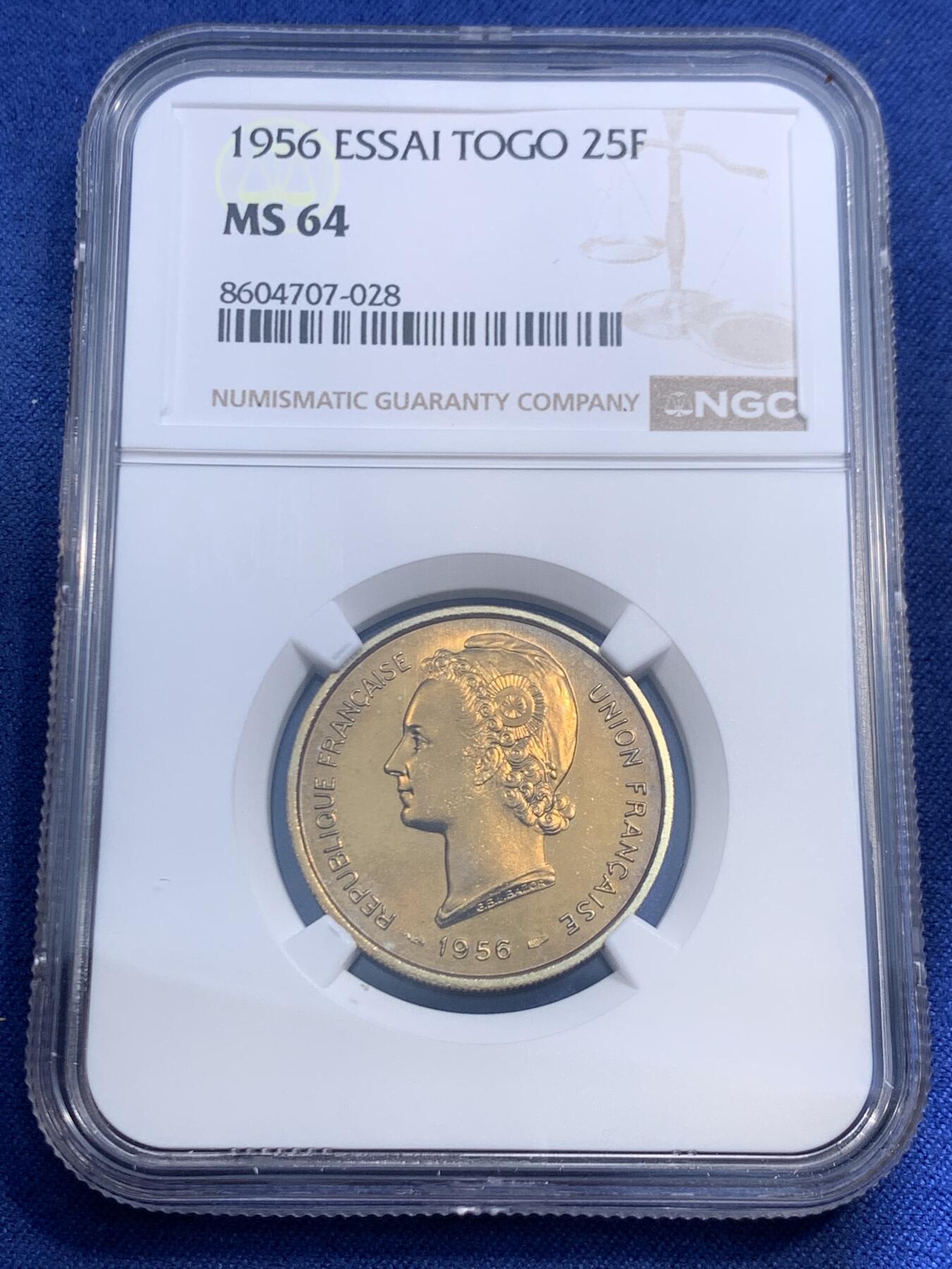 《竞宝斋》第471场 周日，周一，周二 3场连拍 （全场包邮）欢迎送拍 3枚一组 NGC MS63-64 法属多哥 1956年 5/10/25法郎 ESSAI样币 3枚一组确实不易 10法郎N标签面值错误 可自行联系N免费更换