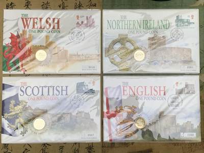 《竞宝斋》第471场 周日，周一，周二 3场连拍 （全场包邮）欢迎送拍 - 四枚一组 1995-1997年英国1英镑邮币封首日封 英格兰 苏格兰 威尔士 北爱尔兰徽章 神兽系列