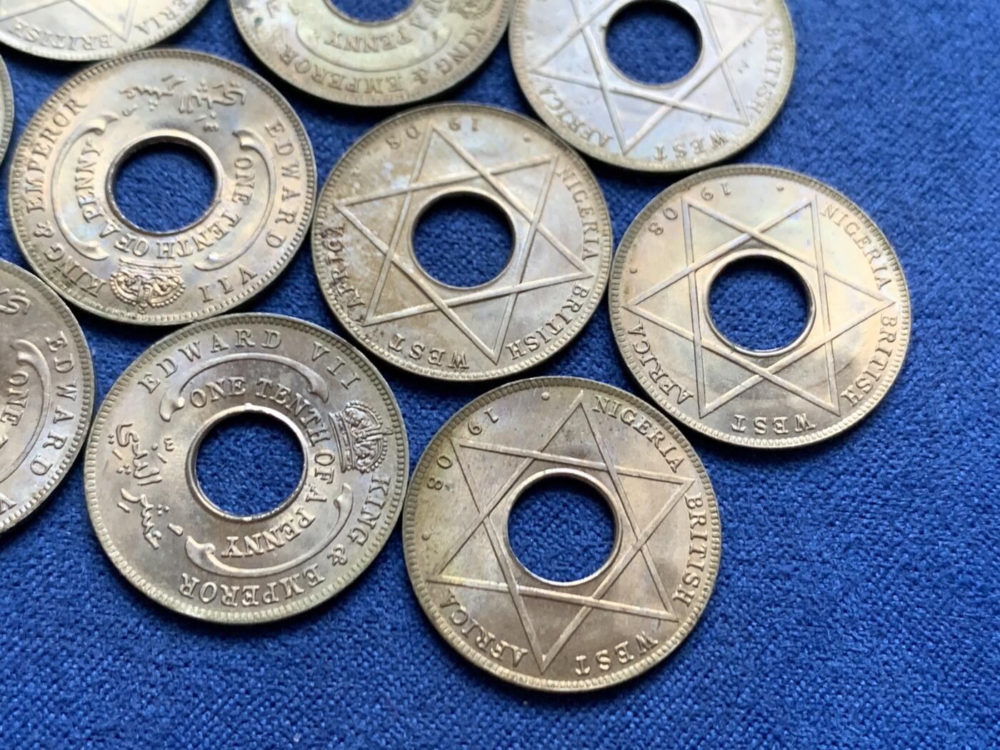 《竞宝斋》第471场 周日，周一，周二 3场连拍 （全场包邮）欢迎送拍 10枚一组 英属西非1908年爱德华七世1/10便士 好品