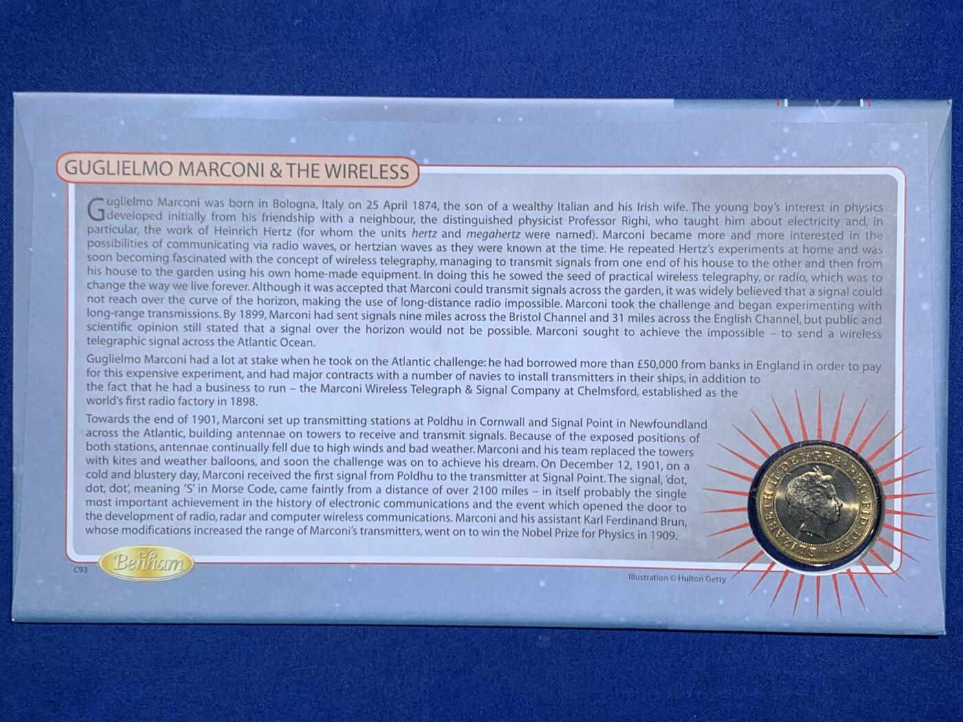 《竞宝斋》第471场 周日，周一，周二 3场连拍 （全场包邮）欢迎送拍 英国2001年无线电百年2英镑双色纪念币，邮币封