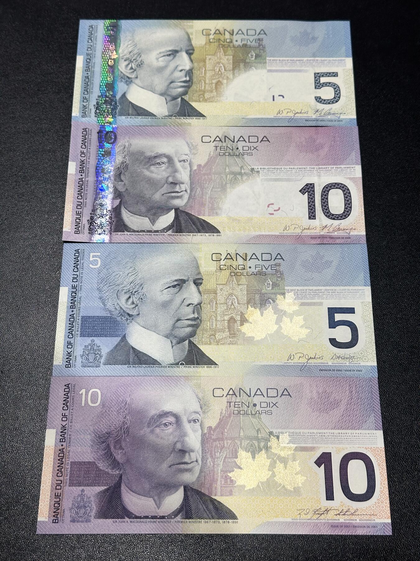 《外钞收藏家》第六百一十八期（精品场）（长期征集拍品、欢迎藏友们联系合作） 加拿大之旅系列5/10元四张小套（内含有无全息条的两个版本，凑齐不易，绝品）	绝品