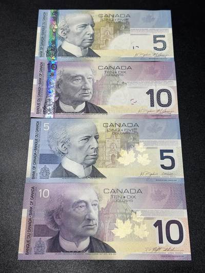 《外钞收藏家》第六百一十八期（精品场）（长期征集拍品、欢迎藏友们联系合作） - 加拿大之旅系列5/10元四张小套（内含有无全息条的两个版本，凑齐不易，绝品）	绝品